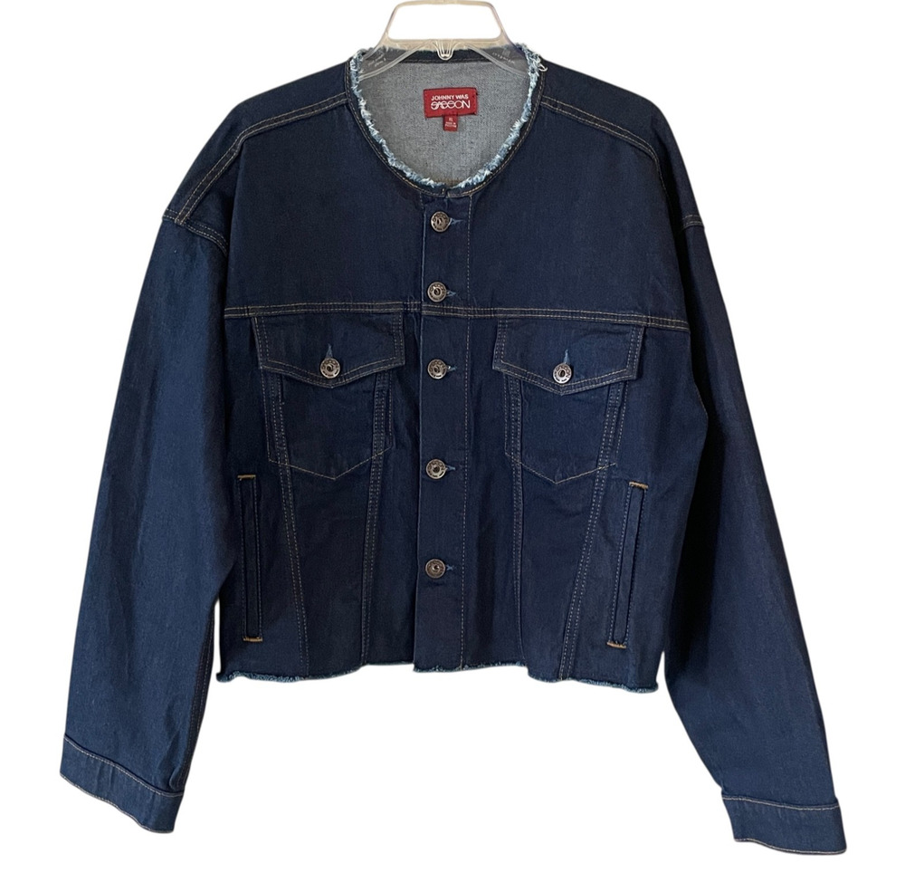 JOHNNY WAS x SASSON Size XL Blue Ultra Dark Wash Button-Up Cropped Denim Jacket